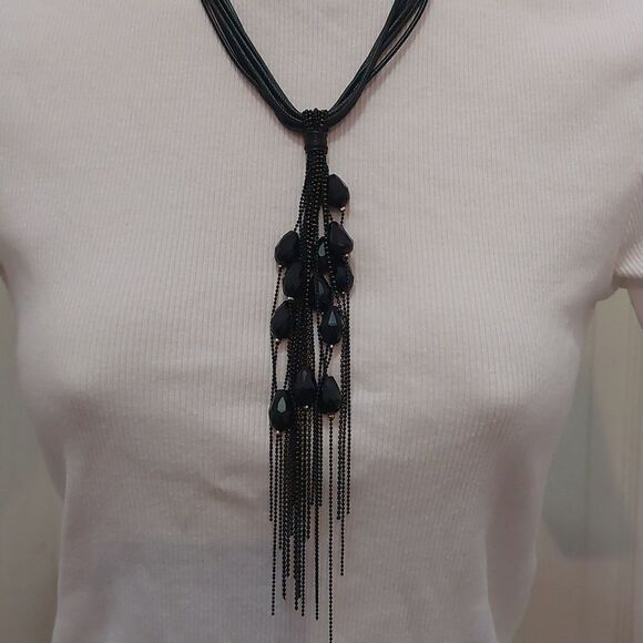 Glass Beads Accent Tasseled Y Drop Necklace 7 Strands Woven Cord Statement - Picture 2 of 6